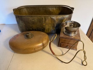 Antique Brass Copper Wash Tub & Oval Bed Warmer 2 Pc Primitive Lot