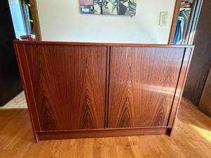 Vintage Rosewood Danish MCM Sliding Tambour Door Credenza Cabinet with Pull Out Drawers for Storage