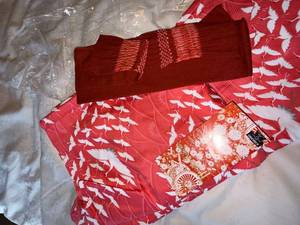 Vintage Hayashi Kimono Happi Coat Robe Crane Print w Sash Red Pink