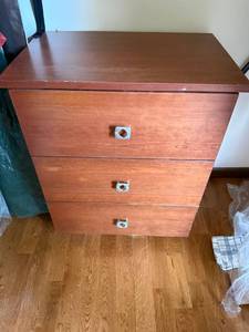 Vintage 3 Drawer Wood Nightstand Chest Cabinet w Metal Pulls Good