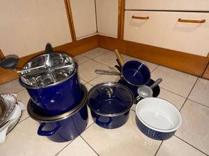 Chantal Blue Enamel Cookware Lot Pots Pans Food Mill Ramekin Used Set