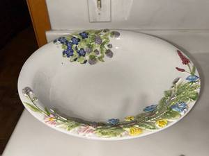 Italian Art Pottery Floral Majolica Centerpiece Bowl 14in Used