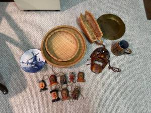 Mixed Vintage Decor Lot Mask Ornaments Baskets Plate Mug Folk Art