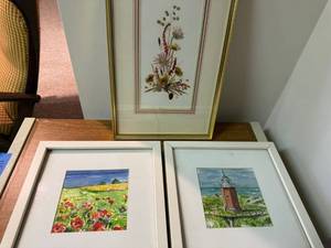 3 Framed Wall Art Pieces Watercolor Landscapes & Pressed Floral Decor