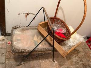 Vintage Wicker Basket Lot w Metal Stand Handle Basket & Wood Tray