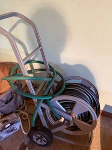 Rolling Garden Hose Reel Cart w Hose 2-Wheel Yard Watering Used
