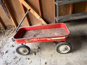 Vintage Radio Flyer Red Steel Pull Wagon White Wheels Rusty Patina