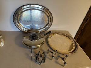 Mixed Silverplate Serving Tray Pan Candle Holder Lot 6 Pcs Vintage