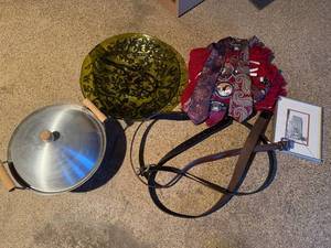 Mixed Estate Box Lot Ties Glass Platter Throw Belts Metal Server