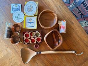 Vintage Wood & Copper Tableware Lot Bowls Coasters Napkin Rings