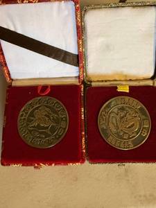 Chinese Cast Metal Dragon & Bird Medallions in Brocade Boxes Pair