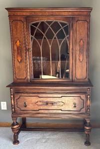 lot 2A image: DR - Antique Walnut Jacobean Cabinet with Glass Center Door