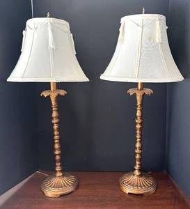lot 22R image: DR - Pair of Vintage Gold-Tone Carved-Column Table Lamps
