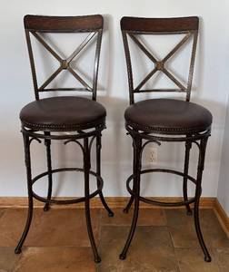 lot 73R image: LL -Bar Stool Pair with Iron X-Backs