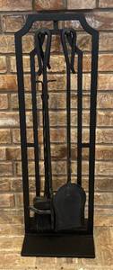 lot 111R image: LL - Black Fireplace Tool Set with Stand - Brush, Shovel, Poker & Tongs