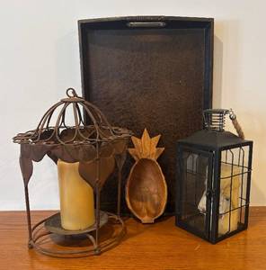 lot 112R image: LL - Lantern Candleholders, Pineapple Wood Bowl & Tray