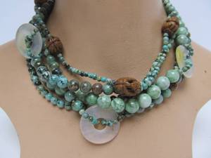 Lovely Multi Strand Oriental Green Stone Beaded Necklace Carved Wood Monkeys