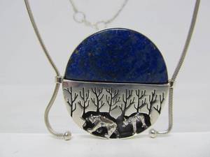 Very Nice Sterling Silver Pendant Necklace wLapis &amp Bear Design