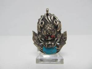 Awesome Vintage Chinese Silver Dragon Pendant wTurquoise #1