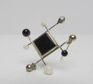 Signed Sculptural Modernist Sterling Silver Brooch wBlack &amp White Stones