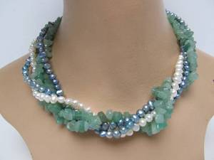 Unworn Multi-Strand Genuine Pearl &amp Green Stone Necklace