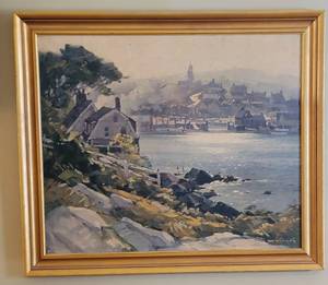 lot 52 image: Framed Landscape Print  Cape Ann Harbor by Artist Ted Kautzky�