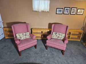 lot 72 image: Rosebud Brocade Upholstery Wingback Armchair Pair