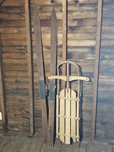 lot 196 image: Vintage Wooden Sled and Antique Wood Skis