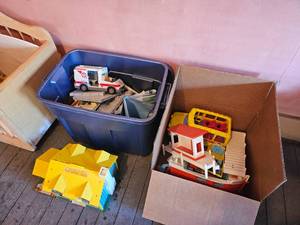 lot 214 image: Vintage Fisher Price Play Family House and Vehicle Toy Group