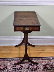 lot 24 image: Federal Style Mahogany Pedestal Accent Table with Drawer & Brass Paw Feet