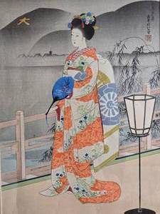 Framed Japanese Woodblock Print Traditional Court Figure