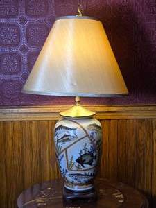 lot 32 image: Porcelain Table Lamp with Hand Painted Fish Motif