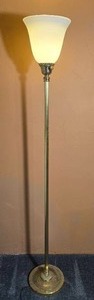 lot 203 image: Brass Torchiere Floor Lamp with Frosted Shade