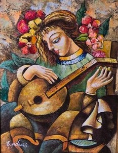 lot 94 image: Framed Signed B Adams Guitar Player Oil Painting