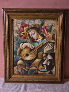 lot 94 image: Framed Signed B Adams Guitar Player Oil Painting