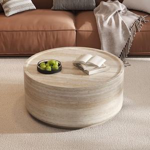 lot 6 image: Harper & Bright Designs 27.5 in. Beige Round MDF Coffee Table with Faux Luxury Marble Stone Pattern End Table