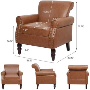 Uixe Brown PU Leather Nailhead Trim Upholstered Accent Armchair With Solid Wood Legs