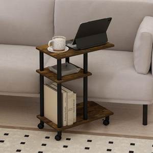 Furinno Tomi 20 in. Amber PineBlack Wood C Shaped End Table with Wheels