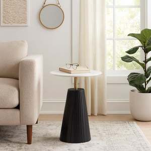 Liv & Skye Black 17 in. Round Marble Modern Accent Table with Fluted Base