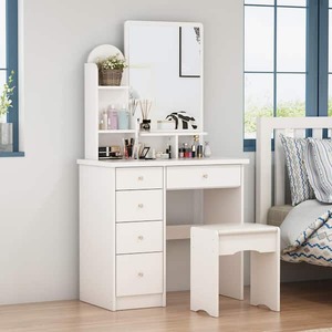 FUFU&GAGA 5-Drawers Wood Dresser Makeup Vanity Sets in White With Stool, Mirror (55.1 in. H x 31.5 in. W x 15.7 in. D)