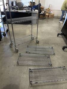 lot 42 image: Metro Super Erecta Adjustable No Tool Required Industrial Chrome Wire Rack  Shelf Cart with Casters & 5 Shelves