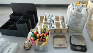 lot 41 image: Group of knives, take out containers, scales, organizer