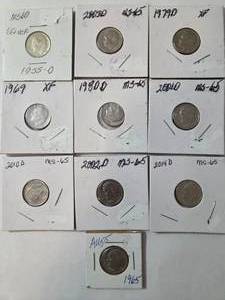 lot 39 image: 1955-D Silver Dime and 9 Other Misc. Dimes