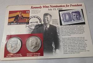 lot 52 image: Kennedy Half Dollar and Stamp .  Card features nomination for President.