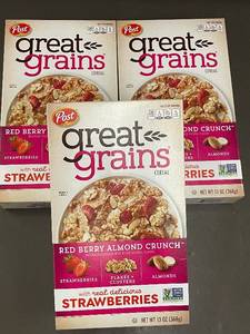 lot 38 image: UT 2 - Post Great Grains Red Berry Almond Crunch Cereal, 3 Boxes, 13 oz Each