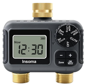 lot 108 image: Insoma 2-Zone Water Timer Brass InletOutlet, Programmable Outdoor Hose Faucet Timers with AutoManual Modes  Rain Delay, Waterproof Sprinkler Timer for Garden, Lawn, Yard, Pool Save Water & Money (Used)