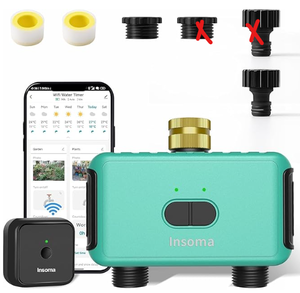 lot 120 image: Insoma Sprinkler Timer with 2 Outlet, Automatic Irrigation System Controller for Lawns and Yard, Compatible with Alexa (Brass Inlet & Plastics Outlet) (Used, Missing Water Hose Connectors)