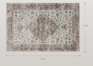 lot 19 image: HOMCOM 4x6 Area Rug, Vintage Machine Washable Rug, Non-Slip Floor Carpet for Living Room, Bedroom, Dining Room, Tan