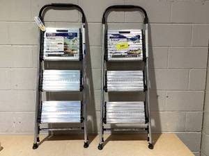 lot 32 image: LOT OF 2 Cosco 3 Step Aluminum Folding Step Stools (1 Used, 1 New)