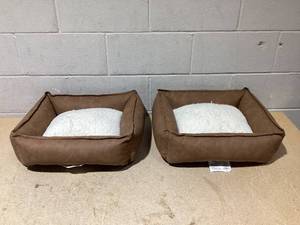 lot 150 image: LOT OF 2 Boots & Barkley Cuddler Faux Leather Bolster Dog Bed - 20 in x 18 in (1 Has Minor Transit Damage, See Photos)